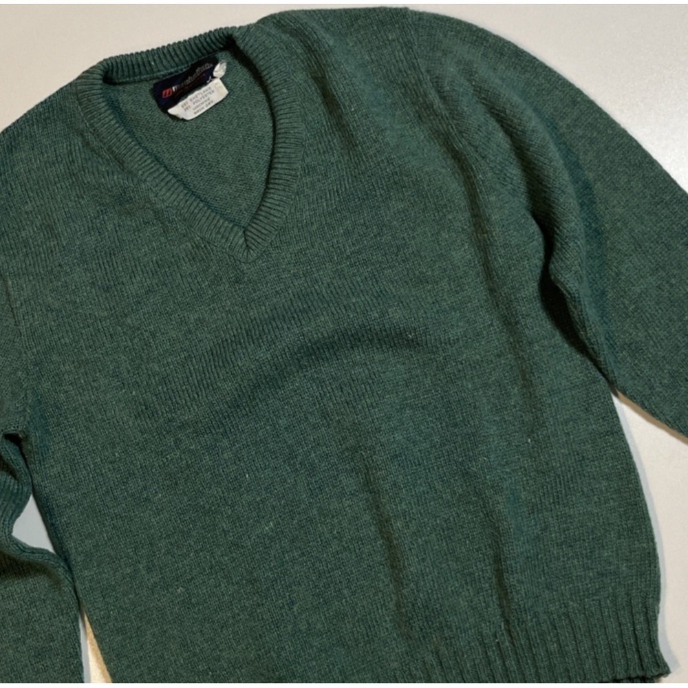 Vtg Manhattan Shetland Wool Blend V-neck Sweater M Green Grampa Core US Pullover
